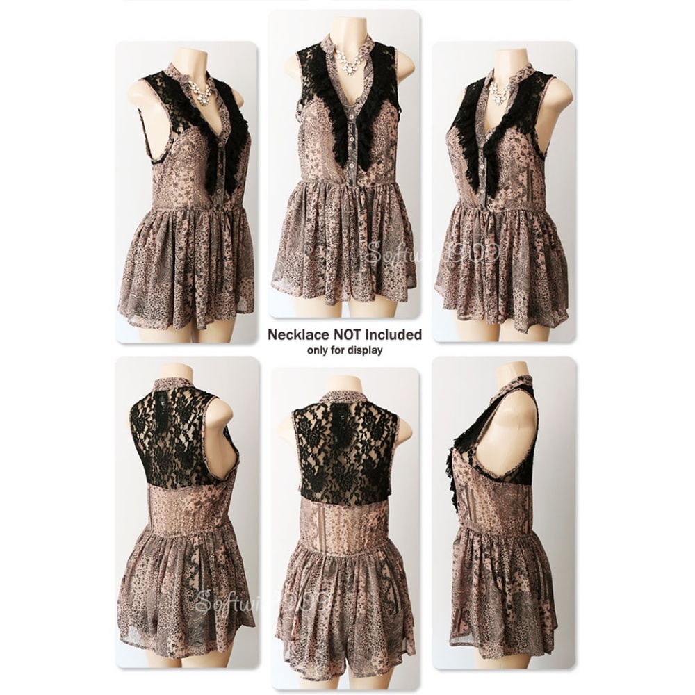 Taupe Black Lace Ruffle Button Boho Chiffon Romper - Picture 6 of 7
